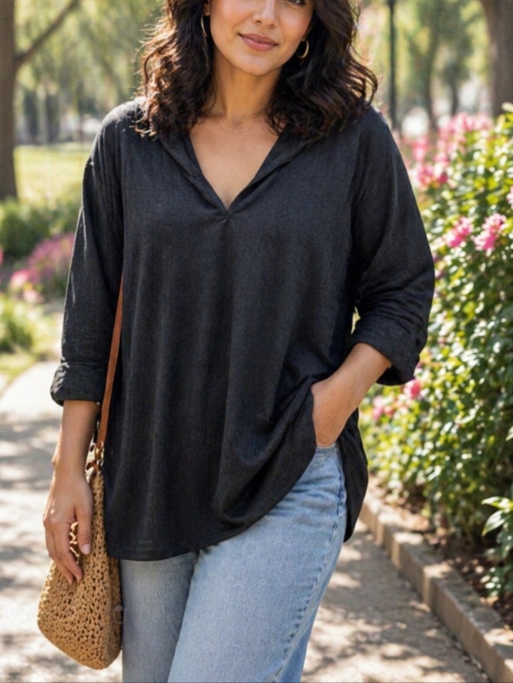 Croft & Barrow Black Hooded Tunic Top Long Sleeve Lightweight Casual Relaxed Fit